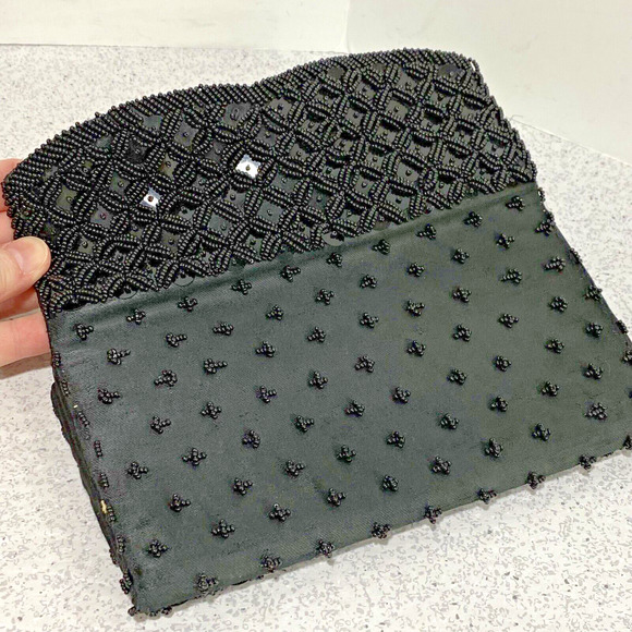 Vintage Mid Century Black Satin Sequins & Beaded Dressy Purse Made in Hong Kong - Picture 4 of 8